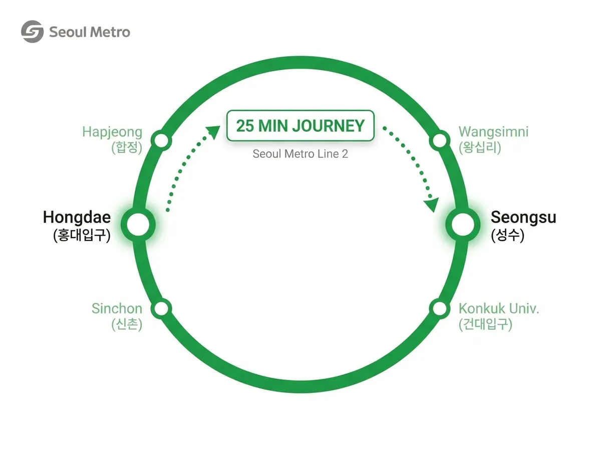 Seongsu-dong vs Hongdae Seoul Line 2 subway connection map showing 25-minute journey