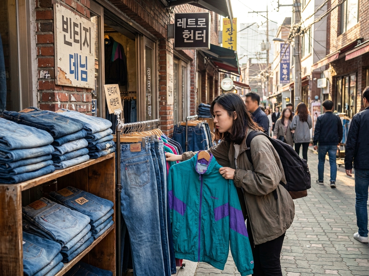 vintage shopping in Hongdae Seoul backstreet with racks of denim jackets and casual shopper