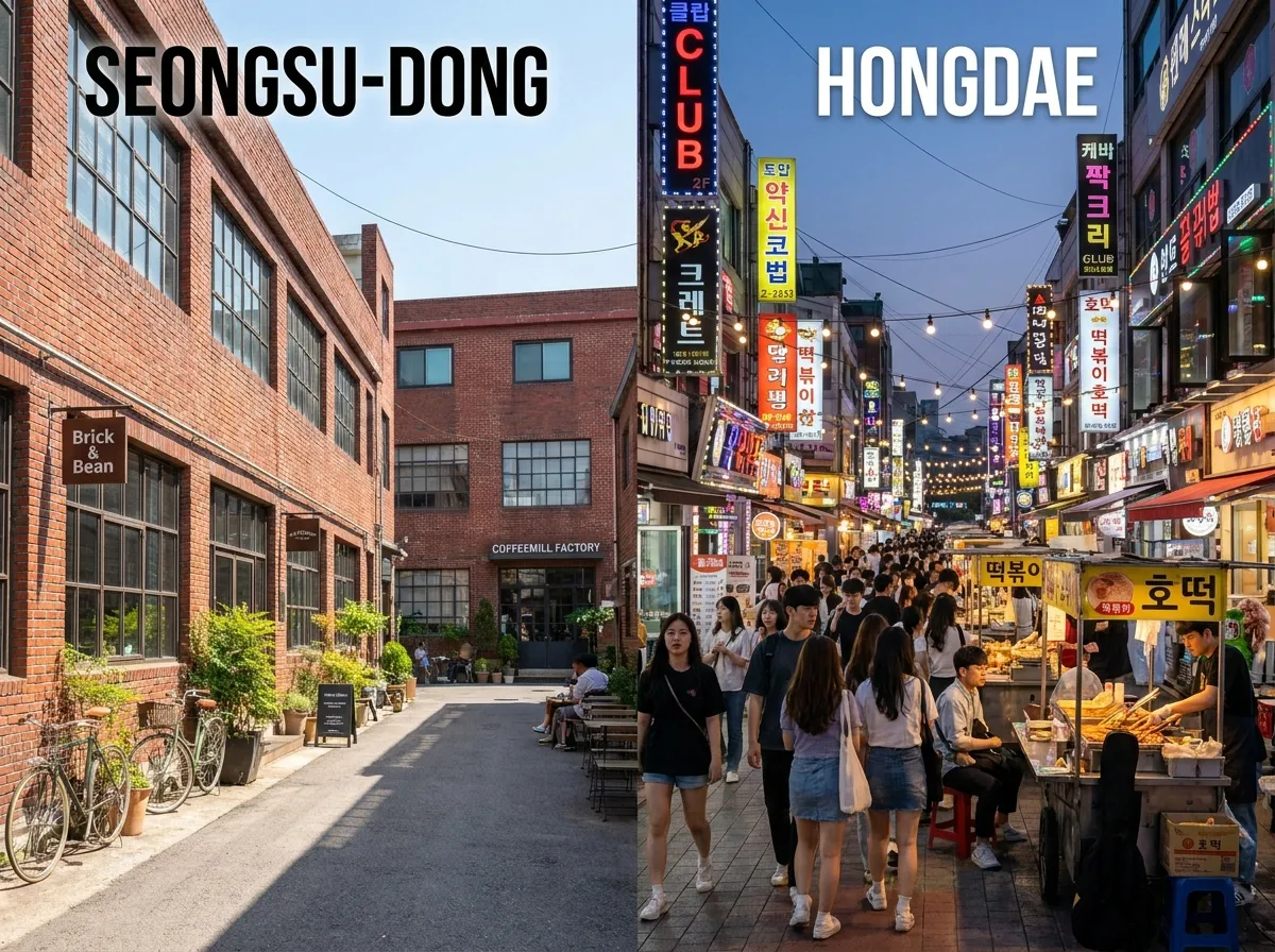 Seongsu-dong vs Hongdae Seoul split view industrial artisan street versus neon entertainment district