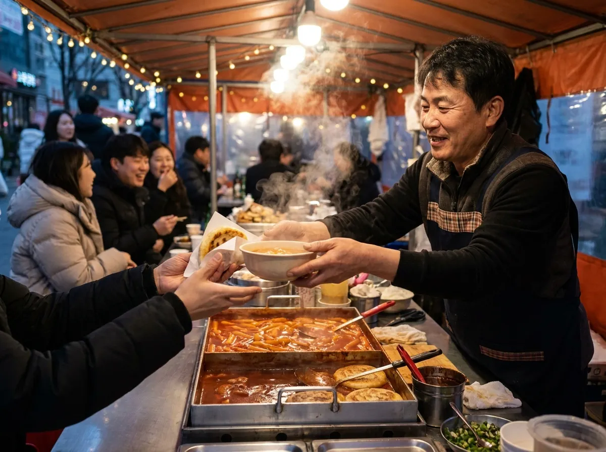 Hongdae street food Seoul late-night pojangmacha with friends eating under orange tent lights