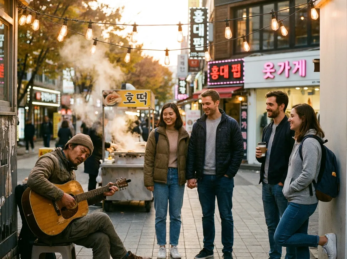 things to do in Hongdae on a weekend evening busking and street food atmosphere