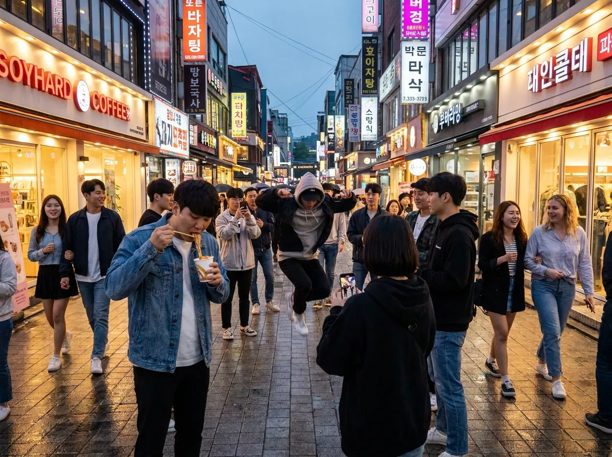 Hongdae Seoul travel guide showing the neighbourhood's iconic neon-lit street with natural evening crowd