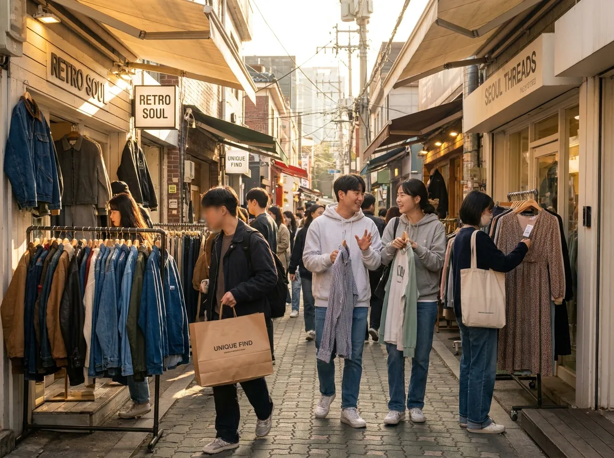 Hongdae Seoul travel guide daytime street scene with vintage shops and casual shoppers
