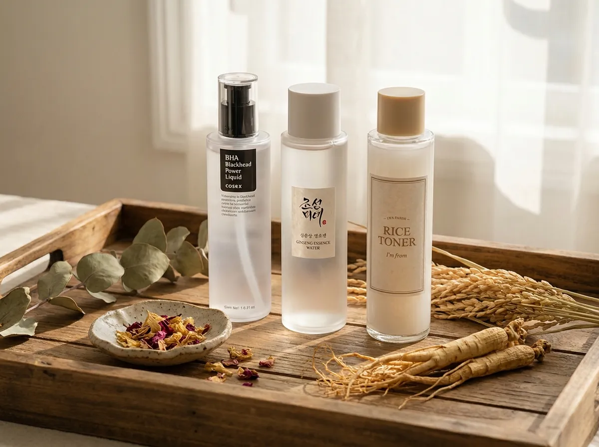 Korean glass skin routine products COSRX BHA BEAUTY OF JOSEON ginseng IM FROM rice toner on wooden tray with botanicals