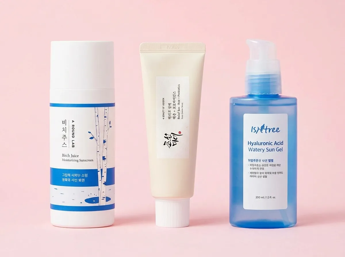 best Korean sunscreen for every skin type ROUND LAB BEAUTY OF JOSEON ISNTREE bottles on pastel pink surface