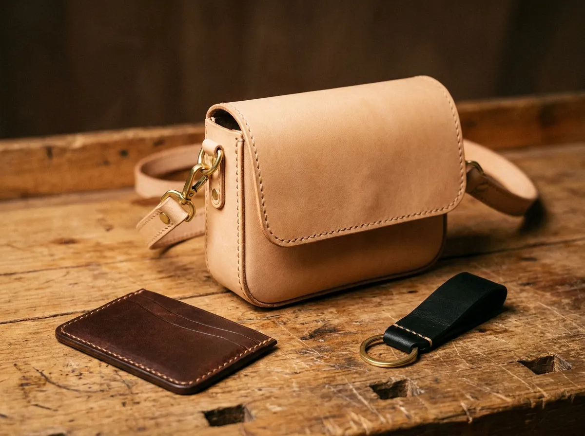 Seongsu-dong leather workshop Seoul finished pieces crossbody bag card holder and keyring on wood