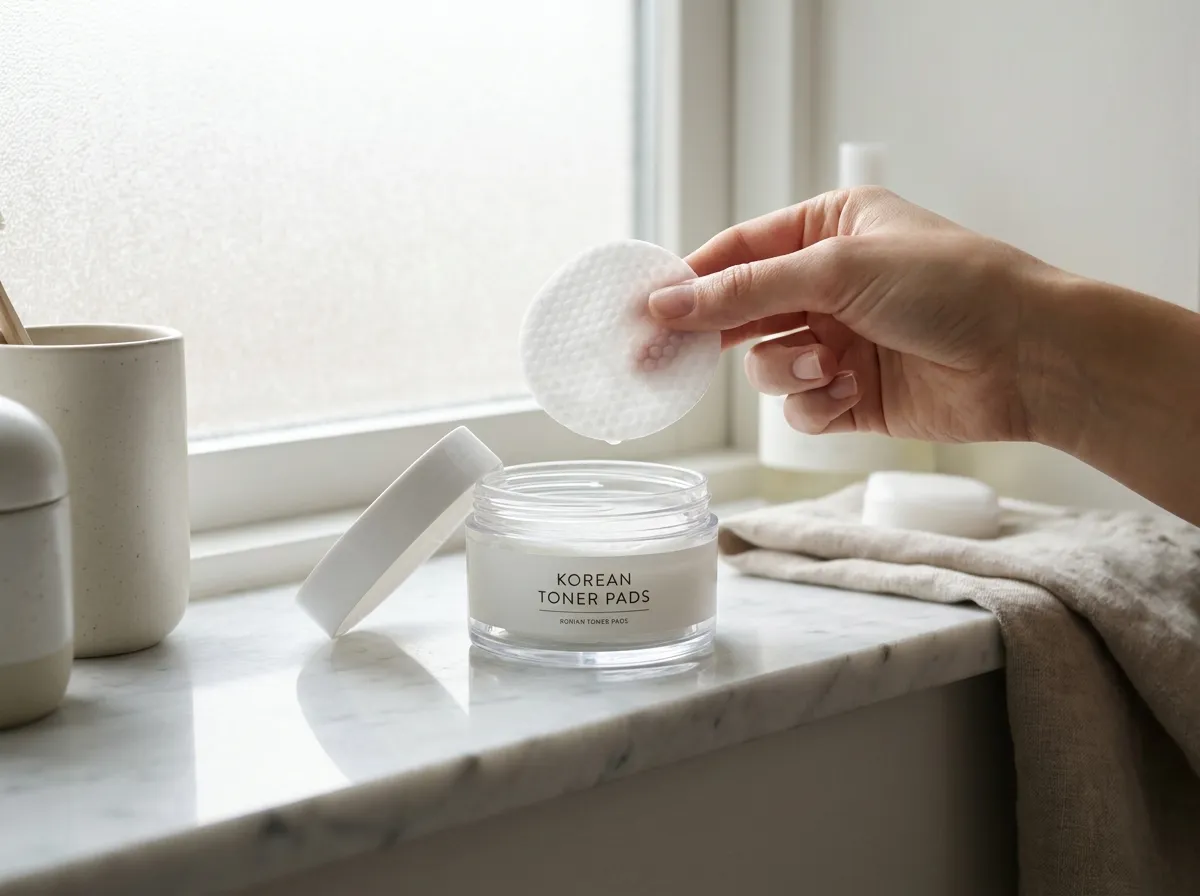 best Korean toner pads that actually work open jar on marble shelf with pad held between fingers showing texture