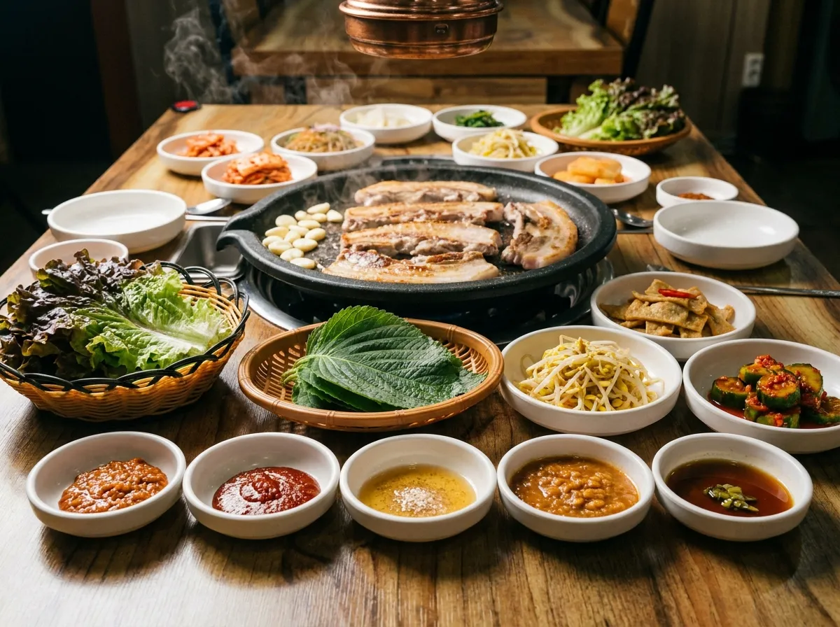 Five Korean BBQ dipping sauces ceramic bowls ssamjang sesame oil ganjang gochujang doenjang Korean BBQ table setup