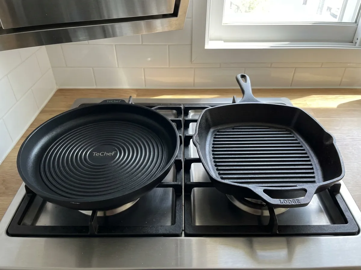 KBest Korean BBQ grill pans stovetop use comparison: TeChef non-stick and Lodge cast iron tested in a Sydney kitchen