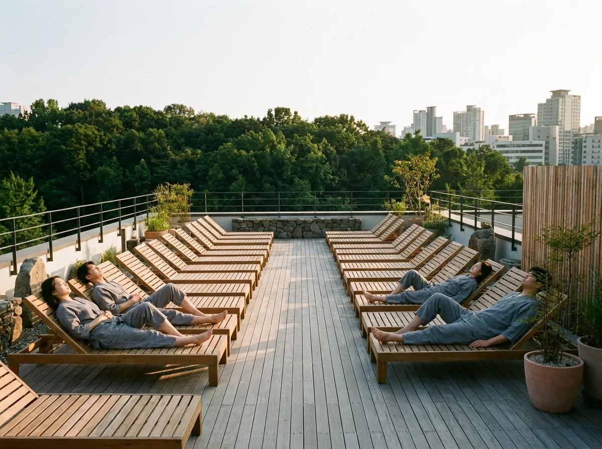 Seongsu-dong spa and wellness Seoul THE FORET SPA rooftop with wooden loungers and forest views
