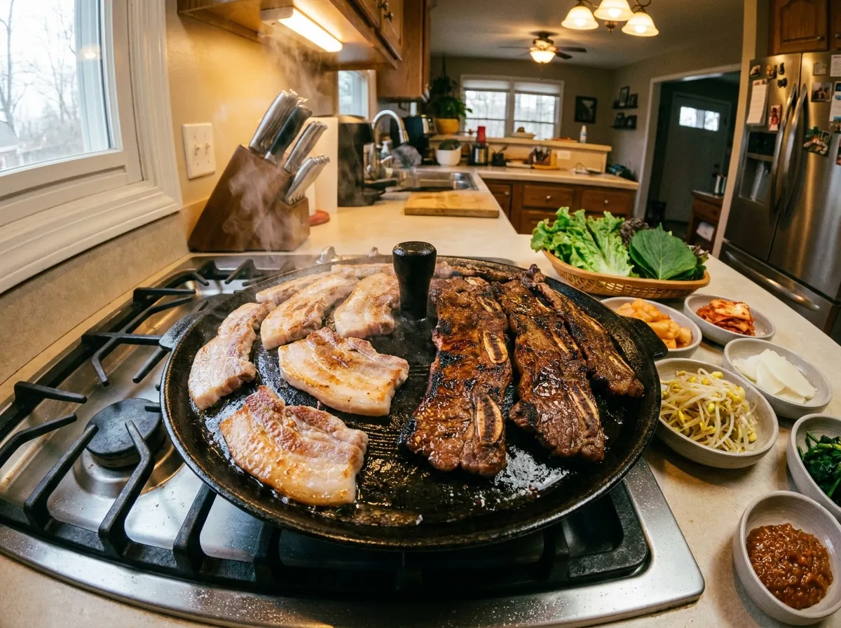 Samgyeopsal vs galbi comparison: Pork belly and beef short ribs side by side on a Korean BBQ grill pan at home.