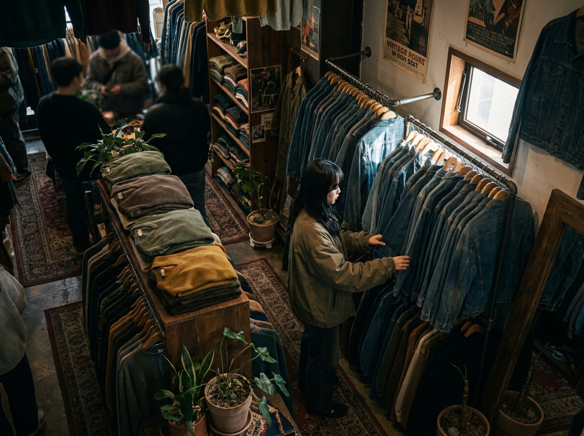vintage shopping in Hongdae Seoul free market with handmade goods and natural candid crowd