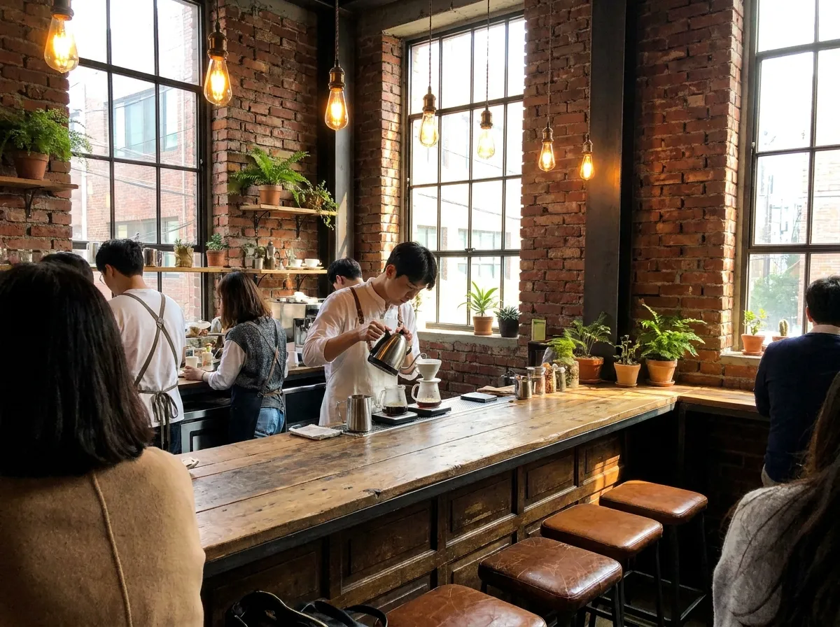 best cafes in Seongsu-dong interior with exposed concrete walls and specialty pour-over coffee