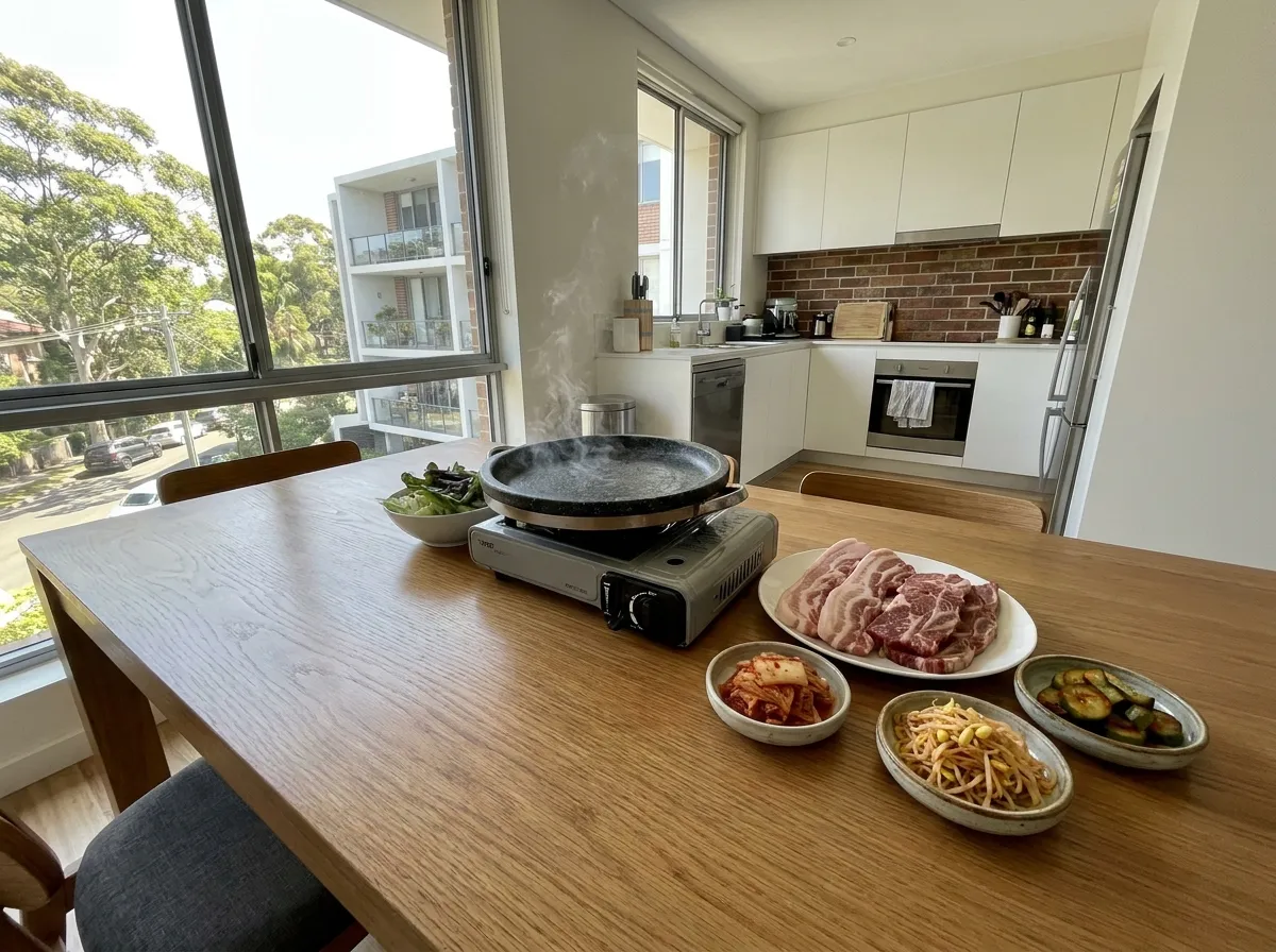 Korean BBQ at home instead of restaurant setup in Sydney with samgyeopsal, galbi, banchan, and a portable butane stove.