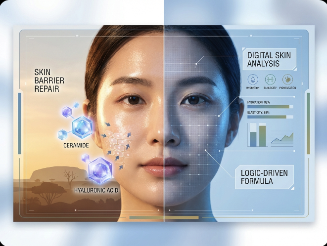A science-meets-beauty infographic analyzing skin barrier repair under the harsh Australian sun for a custom K-beauty routine.