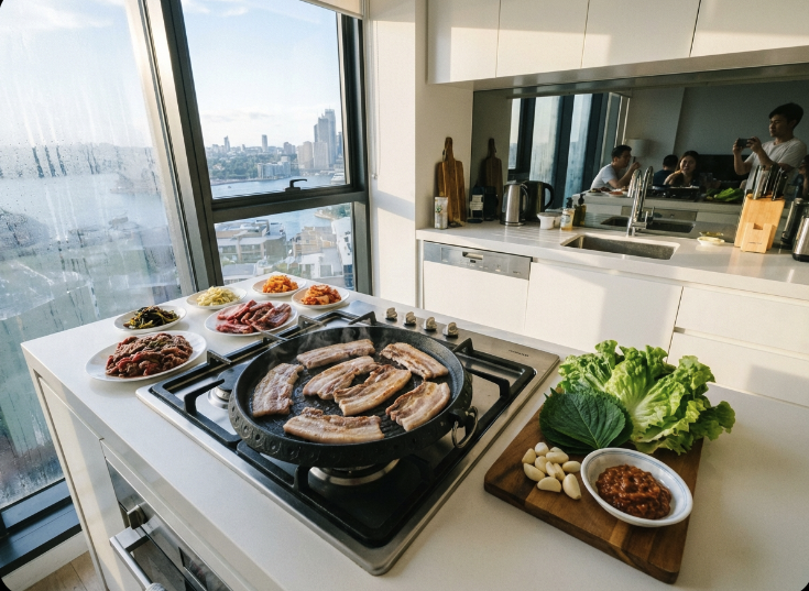Korean BBQ at home for beginners: Essential setup with a grill pan, banchan, and fresh meat on a home stovetop.
