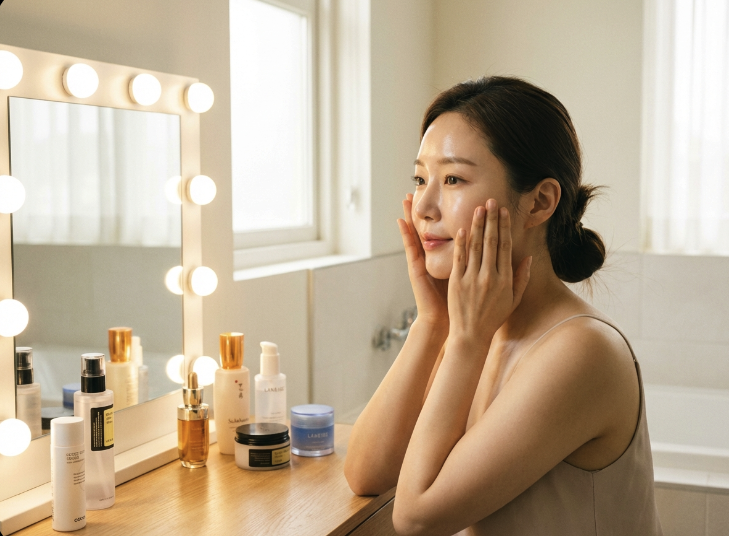 Korean skincare routine for beginners with toner essence serum moisturiser and sunscreen on white linen