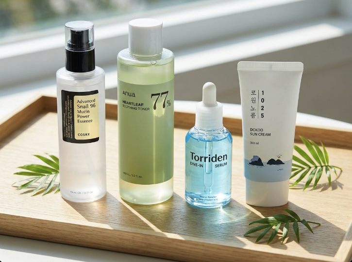 Korean skincare routine for beginners featuring COSRX ANUA TORRIDEN and ROUND LAB products on a wooden tray with green leaves