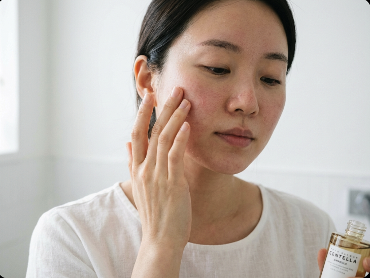 Korean skincare for sensitive skin woman applying centella ampoule to reddened cheek close-up