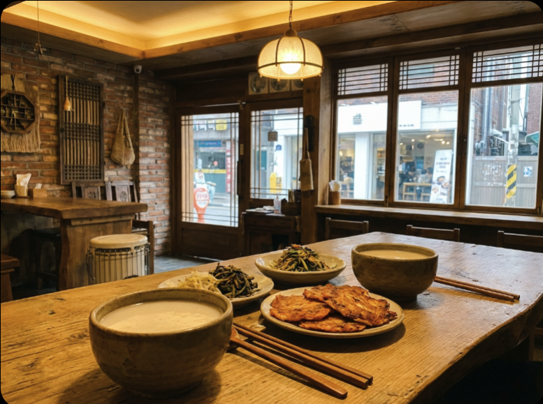 Seongsu-dong food guide Seoul makgeolli tasting with ceramic bowls and Korean snacks on wooden table