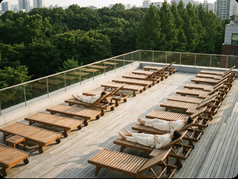 Seongsu-dong spa and wellness Seoul THE FORET SPA rooftop with wooden loungers and forest views