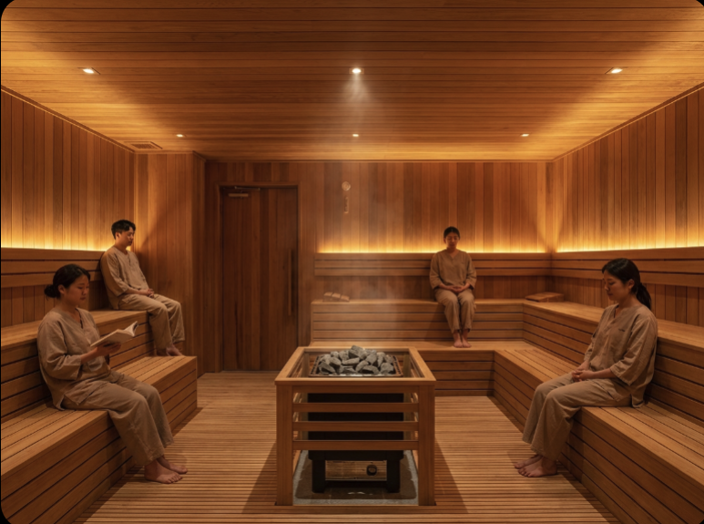 Seongsu-dong spa and wellness Seoul THE FORET SPA sauna room with wooden walls and amber lighting