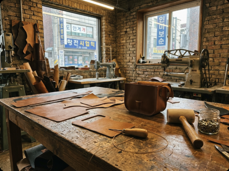 Seongsu-dong leather workshop Seoul bench with hides stitching tools and half-finished bag