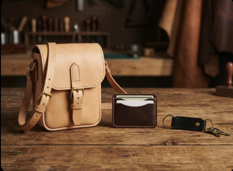 Seongsu-dong leather workshop Seoul finished pieces crossbody bag card holder and keyring on wood