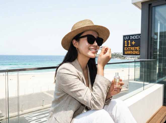 A K-beauty expert with glass skin on a sunny Bondi Beach balcony with a UV Index 11+ warning sign.