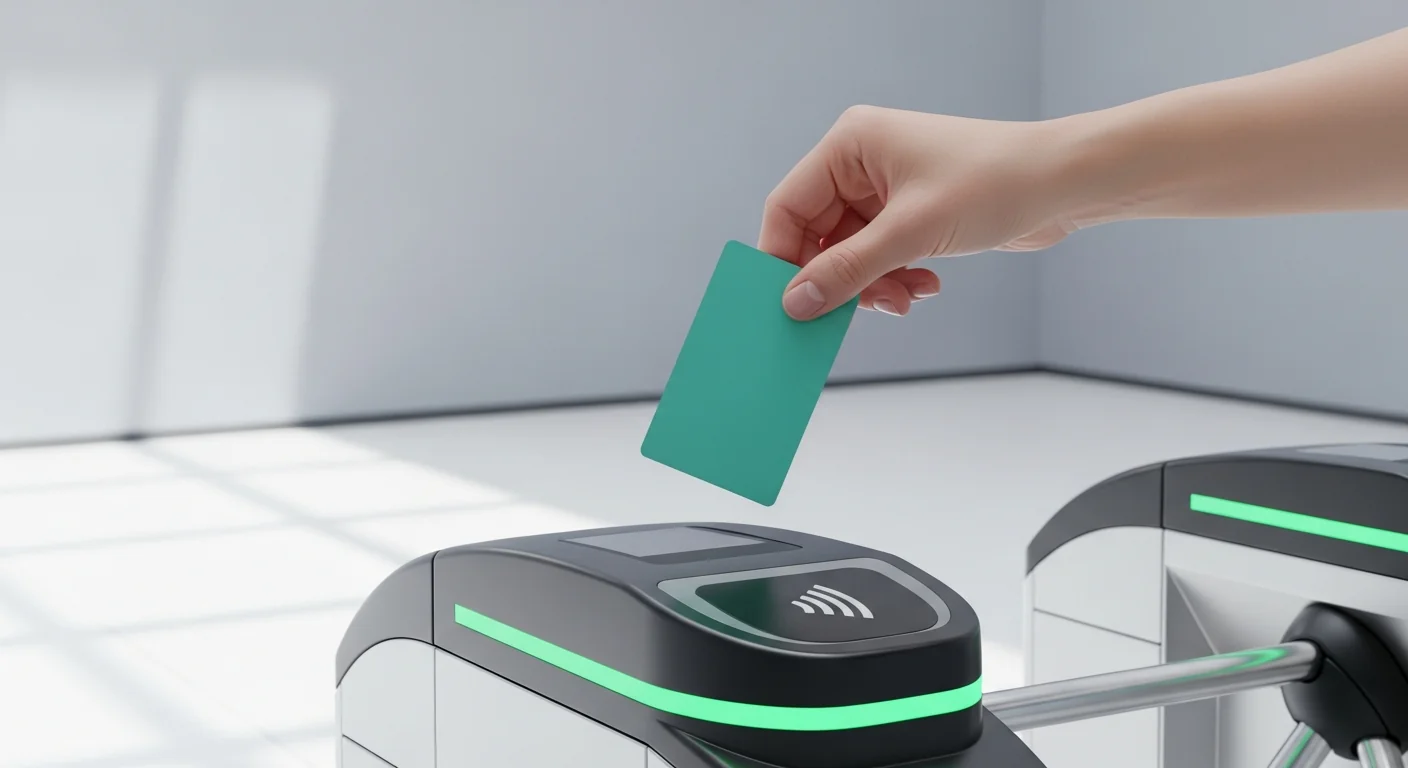seoul subway fare with t-money — close up of contactless transit card tapping a clean turnstile reader