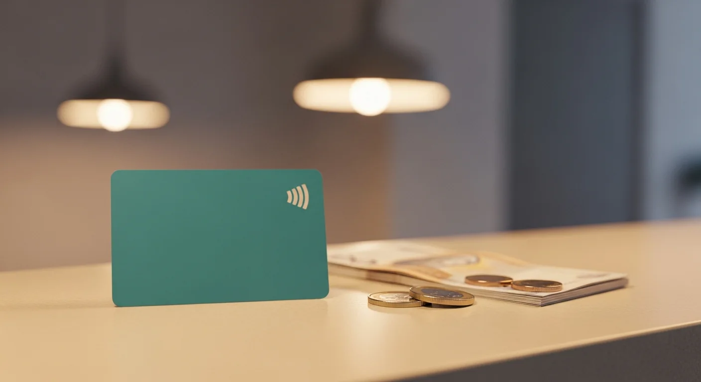 t-money card refund korea — plain teal transit card on a counter alongside a small stack of unmarked banknotes and plain coins