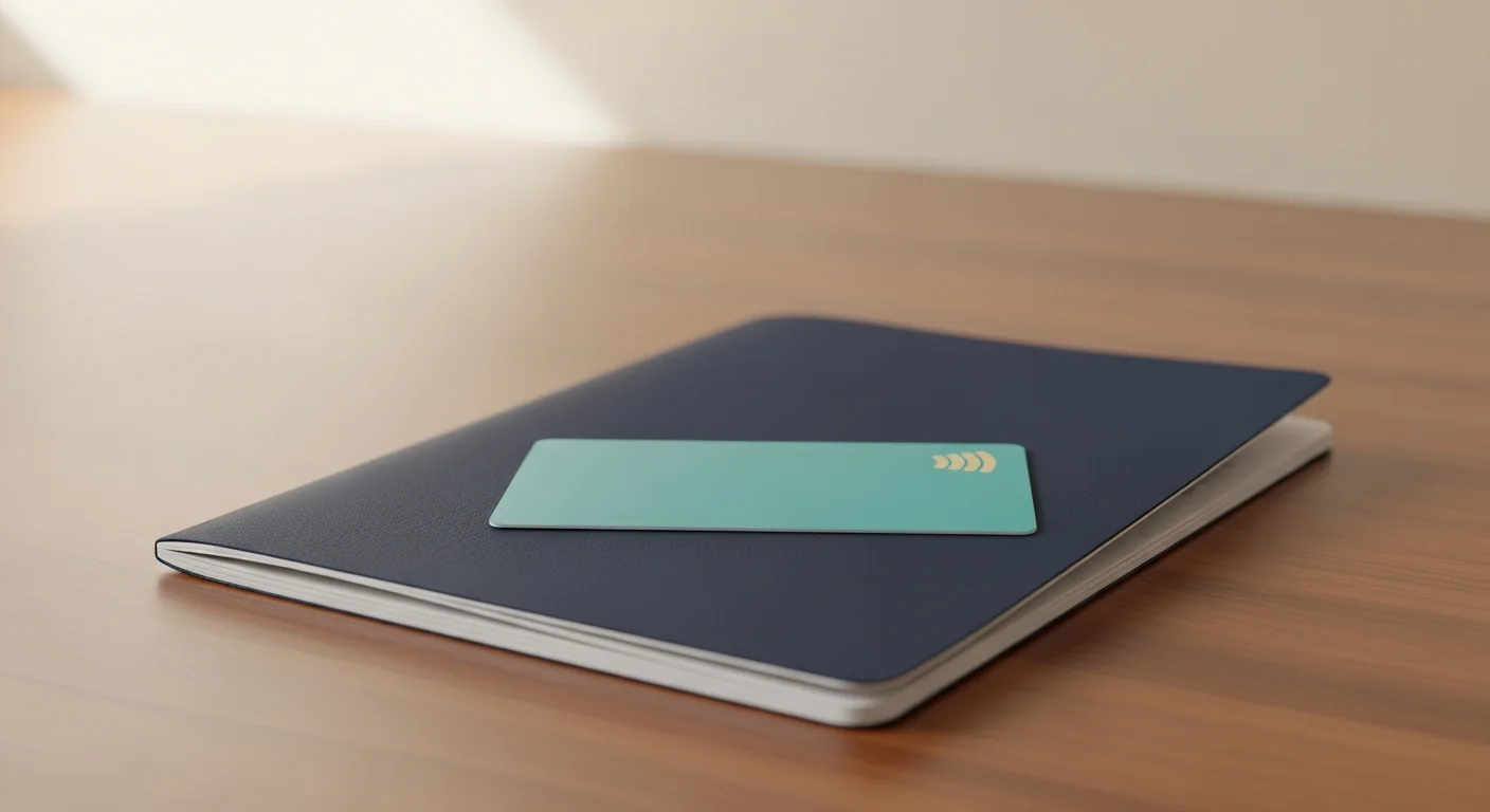 t-money card refund korea — a transit card resting in an open passport on a clean wooden desk symbolising future trips