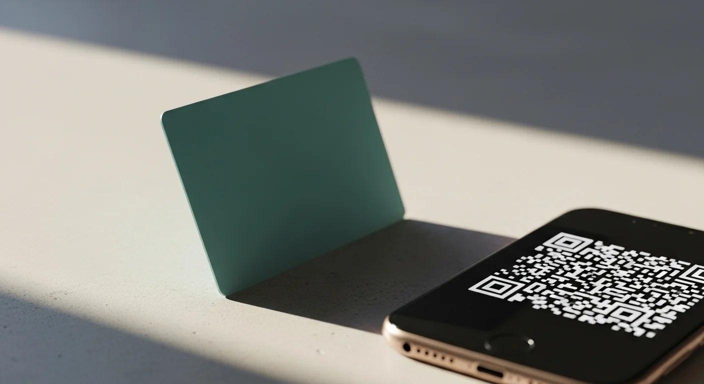 where to buy t-money card in korea — close up of a plain teal contactless transit card with a smartphone showing a generic QR code