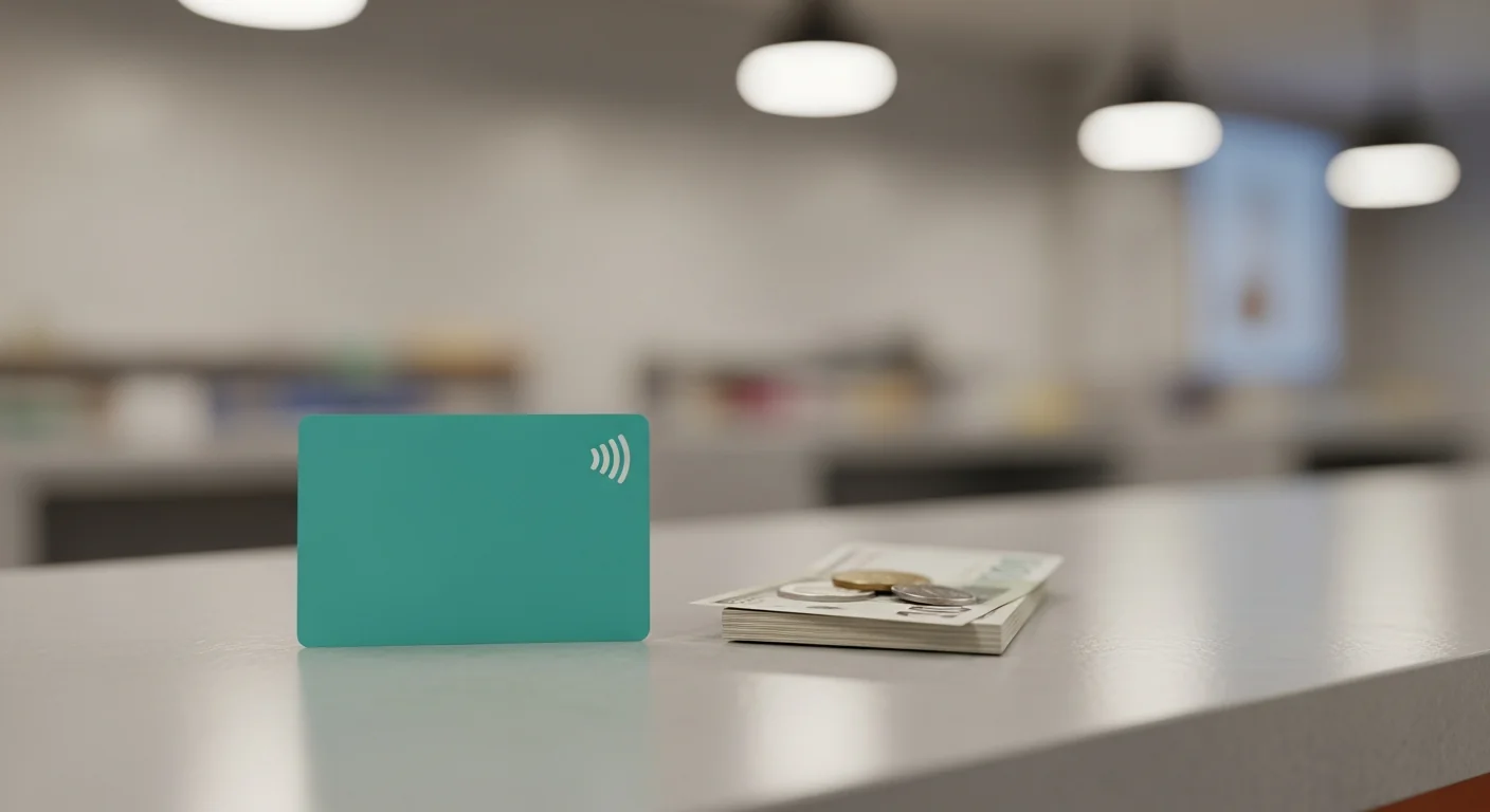 where to buy t-money card in korea — close up of a contactless transit card on a clean retail counter under warm overhead lighting