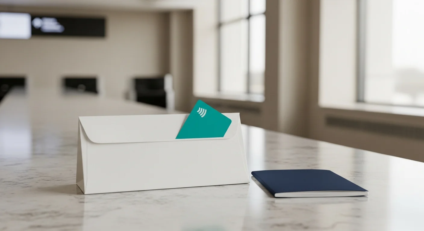 where to buy t-money card in korea — Klook style pickup envelope and contactless transit card on a clean airport counter