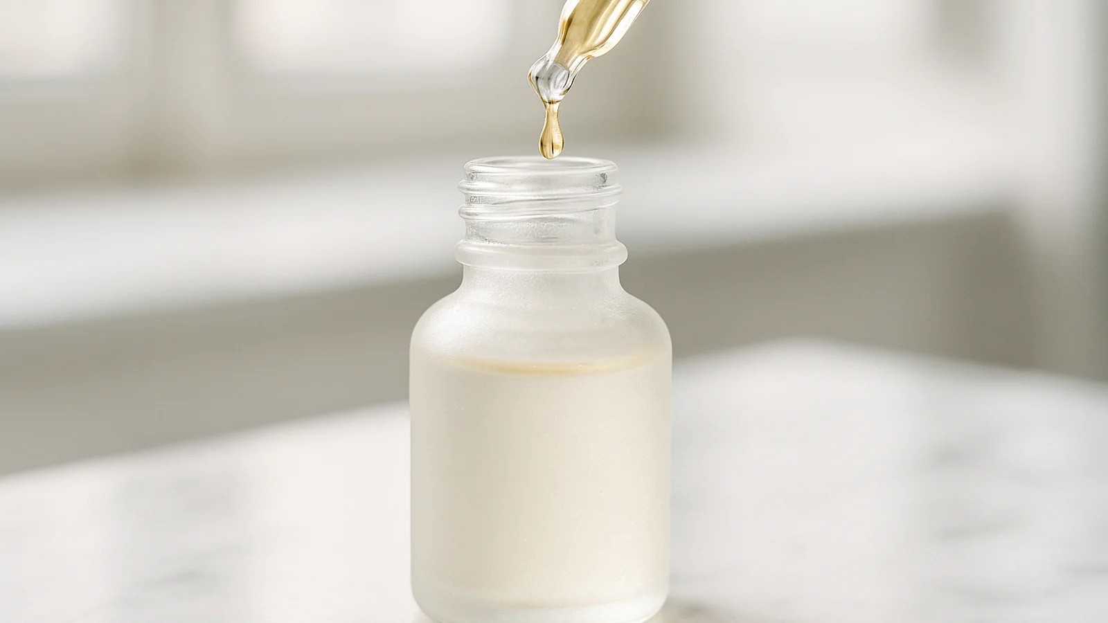 best Korean brightening serums for dark spots vitamin C serum dropper releasing a golden drop on white marble