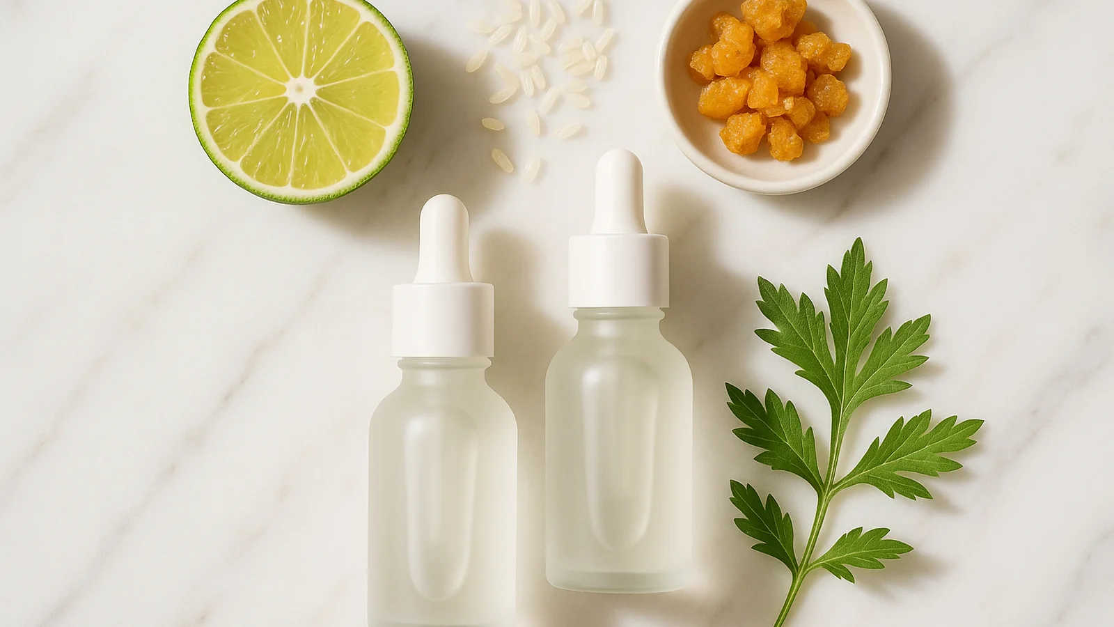 best Korean brightening serums for dark spots ingredients citrus rice propolis mugwort with serum bottles on marble