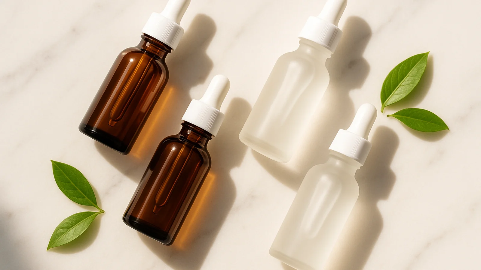 best Korean brightening serums for dark spots vitamin C and frosted serum bottles with droppers on white marble