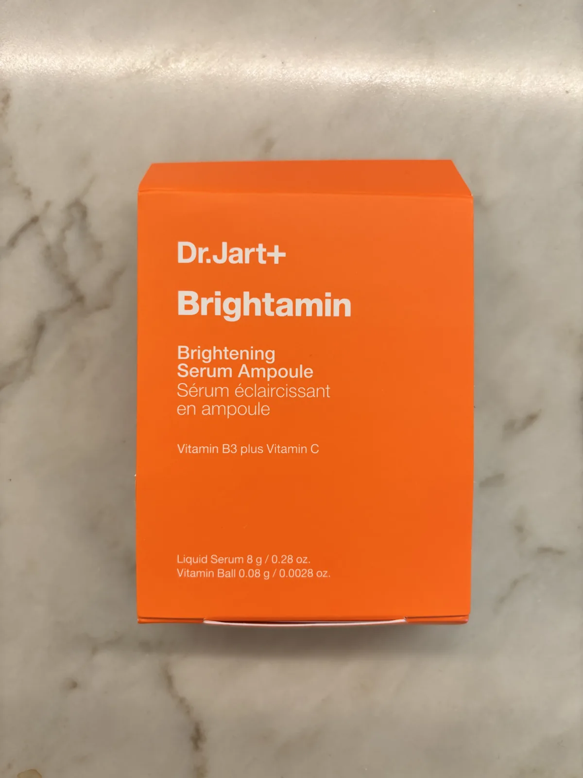 Dr.Jart Brightamin Serum orange box front showing Vitamin B3 plus Vitamin C and Liquid Serum 8g