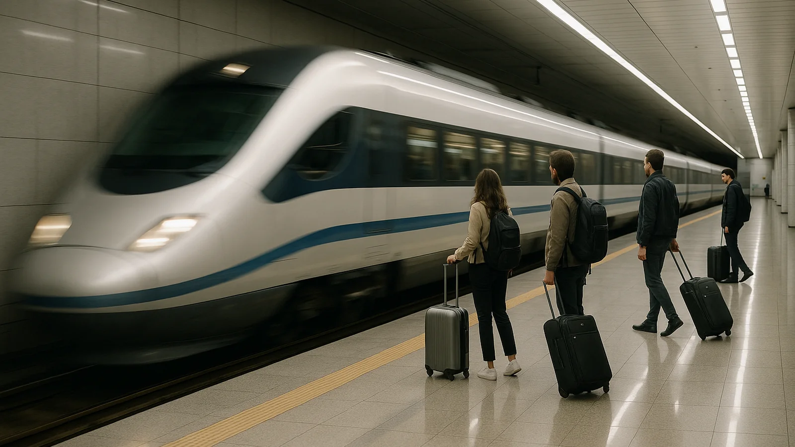 Airport express train arriving at a Seoul platform on the Incheon Airport to Gangnam route