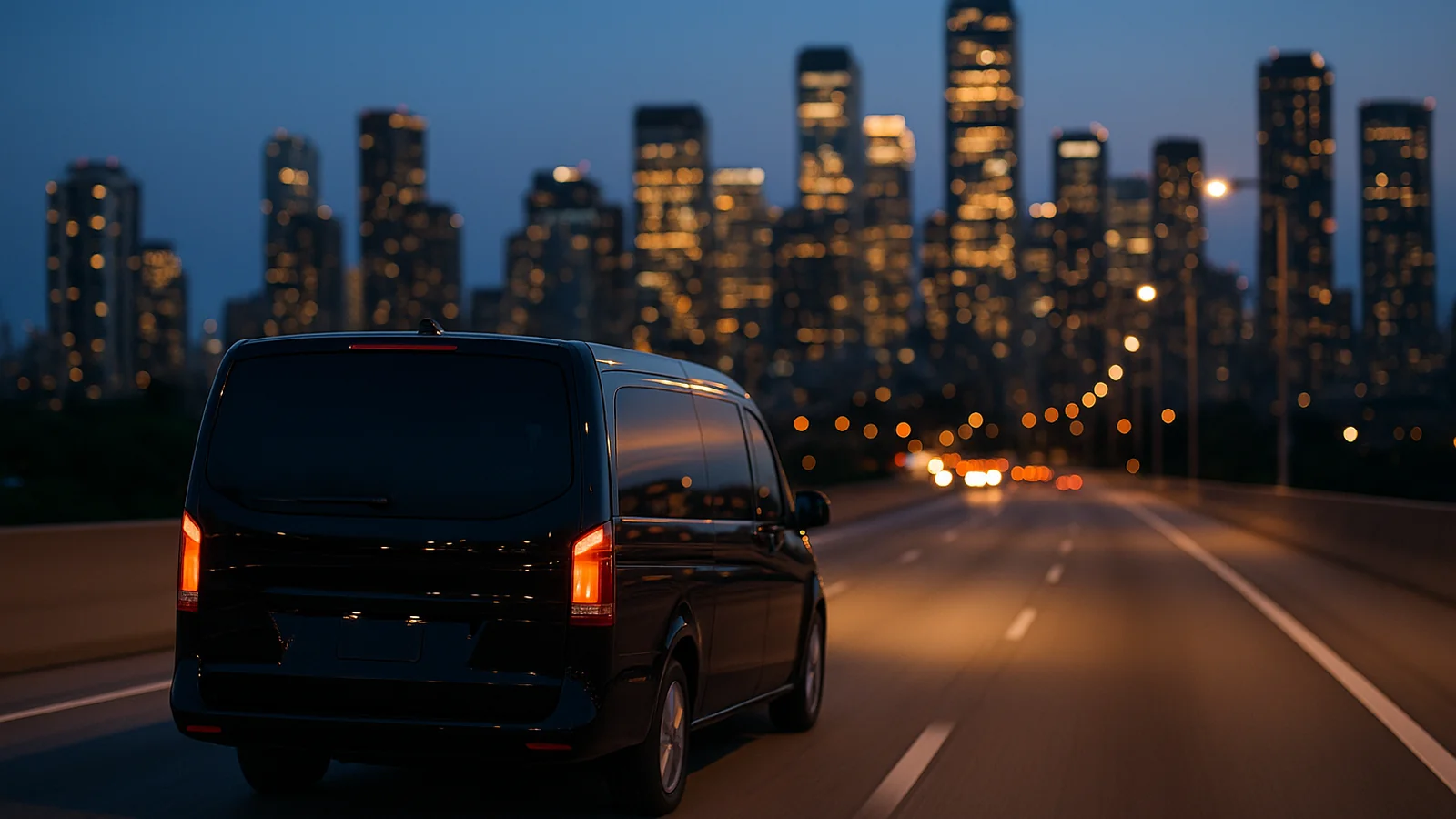 Black private transfer van heading into Seoul at night on the Incheon Airport to Myeongdong route