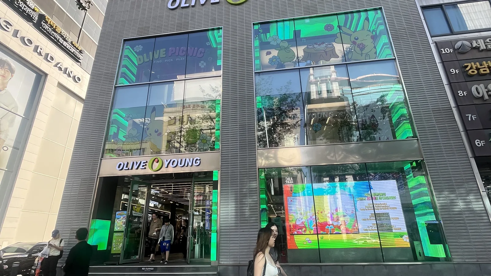 Olive Young Gangnam flagship exterior on a Gangnam street