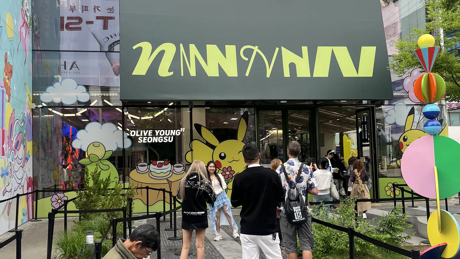 Olive Young Seongsu store exterior with the Pokemon Olive Picnic mural and entrance