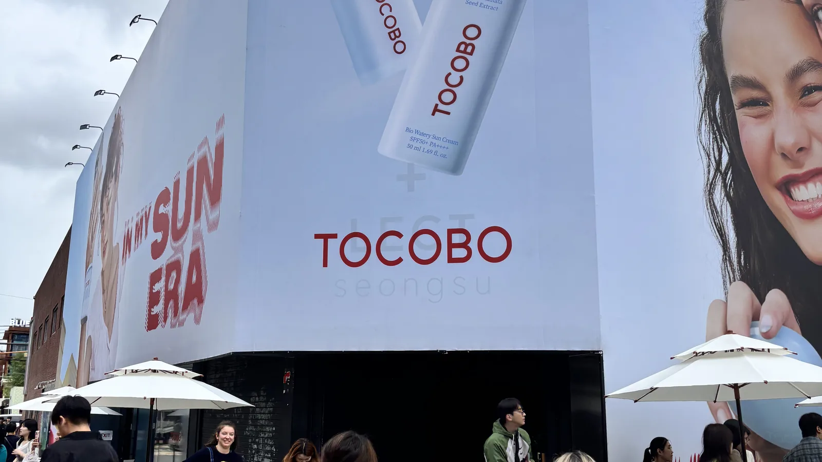 Korean skincare shops in Seongsu featuring the TOCOBO flagship facade with its IN MY SUN ERA theme