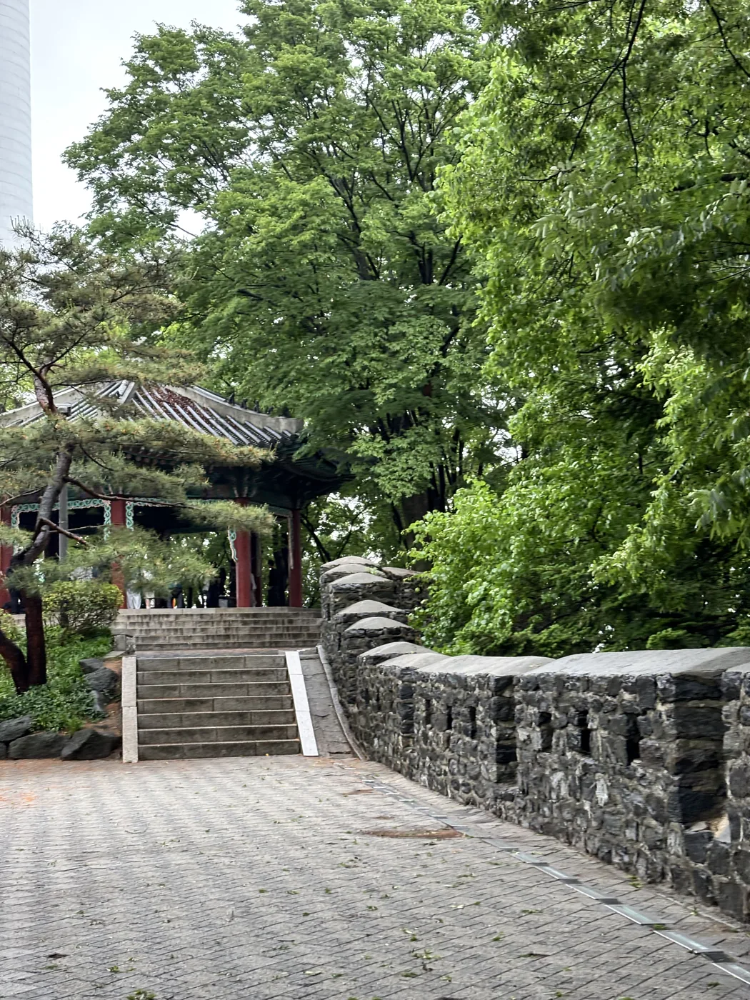 Namsan hiking trail along the old stone city wall through the forest