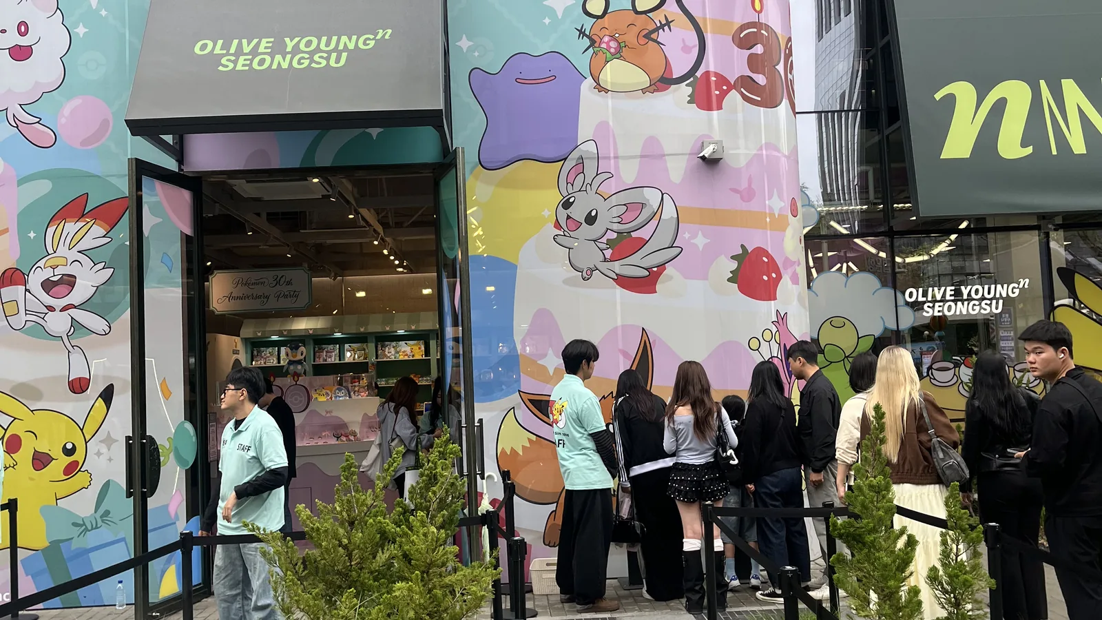 Olive Young Seongsu store queue with visitors lining up outside the Pokemon concept store entrance
