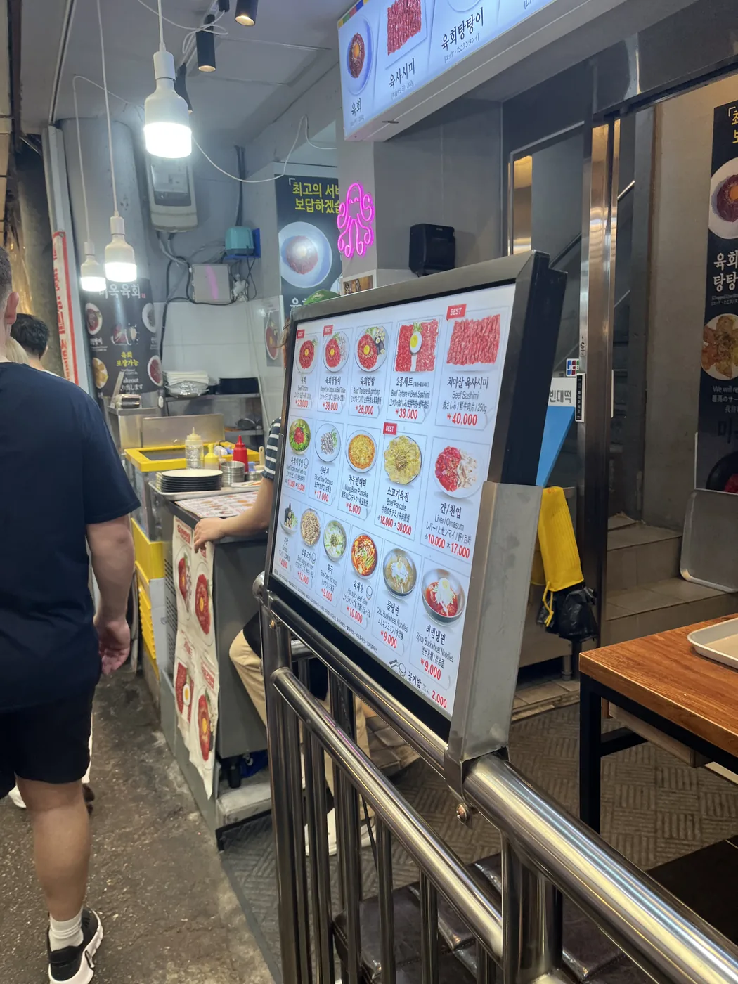 How to visit Gwangjang Market shown by a stall photo menu board with prices
