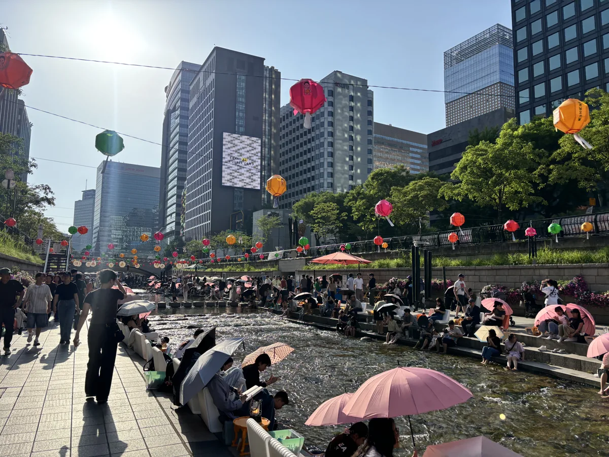 Cheonggyecheon lantern festival crowds walking a path lined with hanging lanterns
