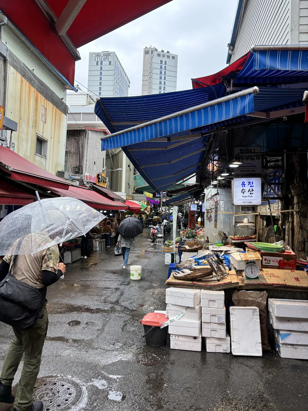 Namdaemun Market guide view of a quiet market alley on a rainy afternoon