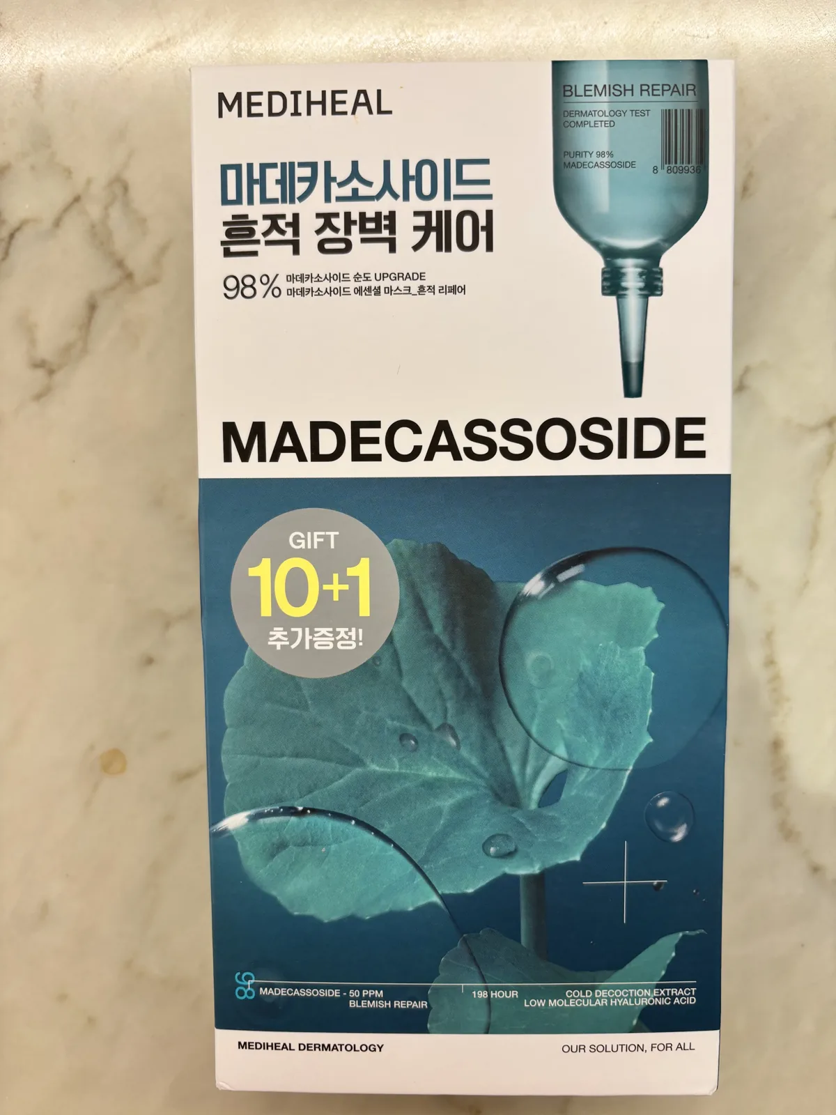 Mediheal mask Madecassoside Essential teal box showing MADECASSOSIDE 98 percent and Blemish Repair